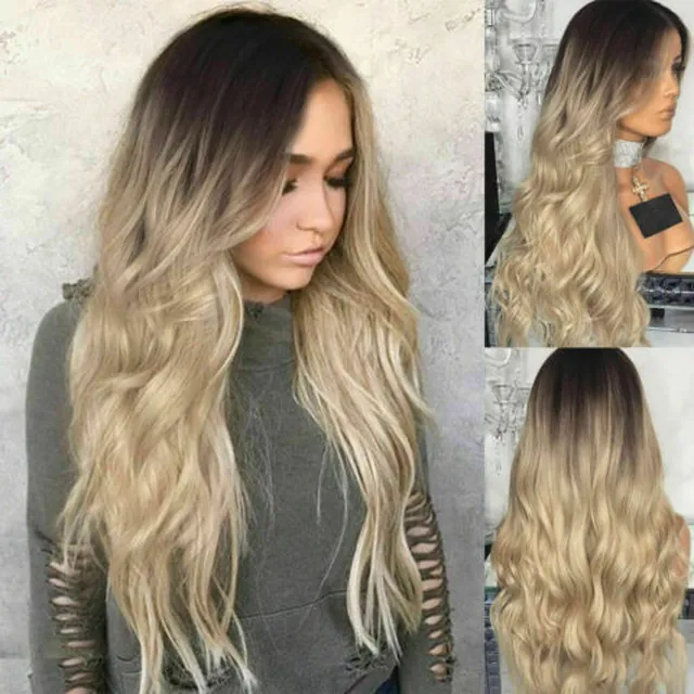 28" Women Ladies Ombre Blonde Long Curly Wigs Natural Full Wavy Hair Cosplay Wig in GB
