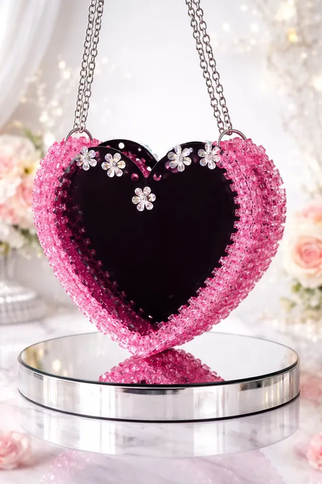 Handmade Beaded Heart Bag In Pink Crystal Evening Clutch For Parties & Weddings in GH
