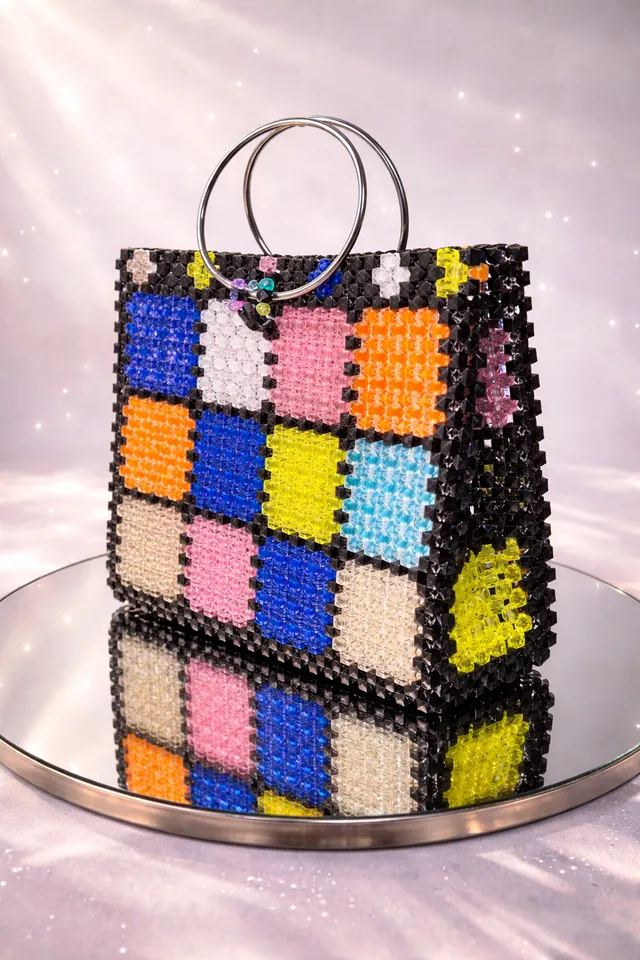 Handmade Multicolour Beaded Bag with Ring Handles – Statement Accessory in GH