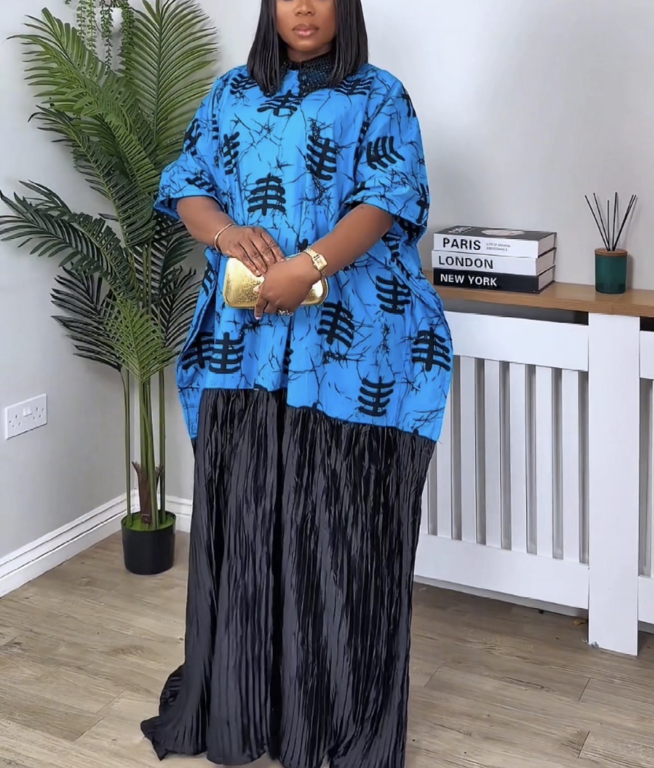Women’s Blue African Boubou Dress – Ankara Kaftan Maxi Dress UK – Free Size 12, 14, 16
