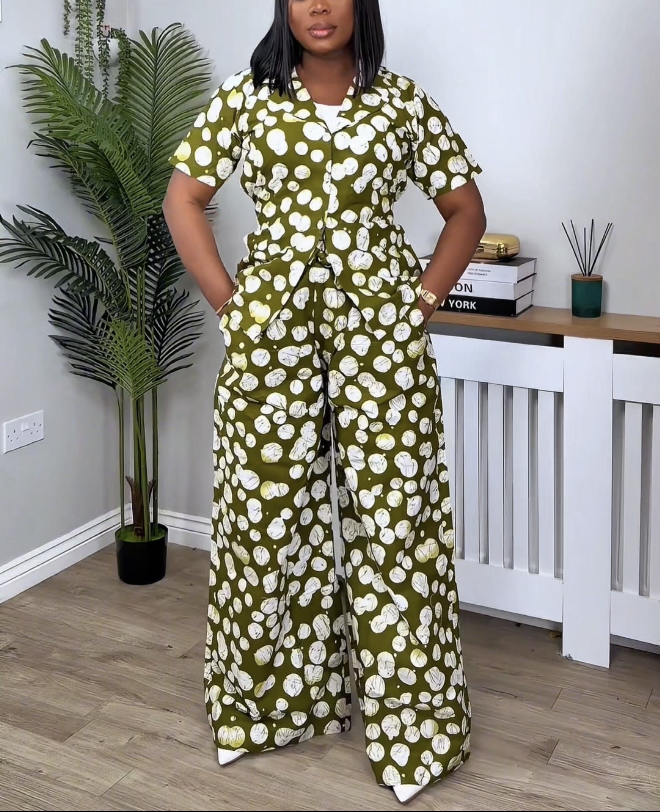 Ankara 2 Piece Trouser Set - Women’s Green & White  – Cotton African Print Co-ord Outfit UK – Sizes 10, 12, 14